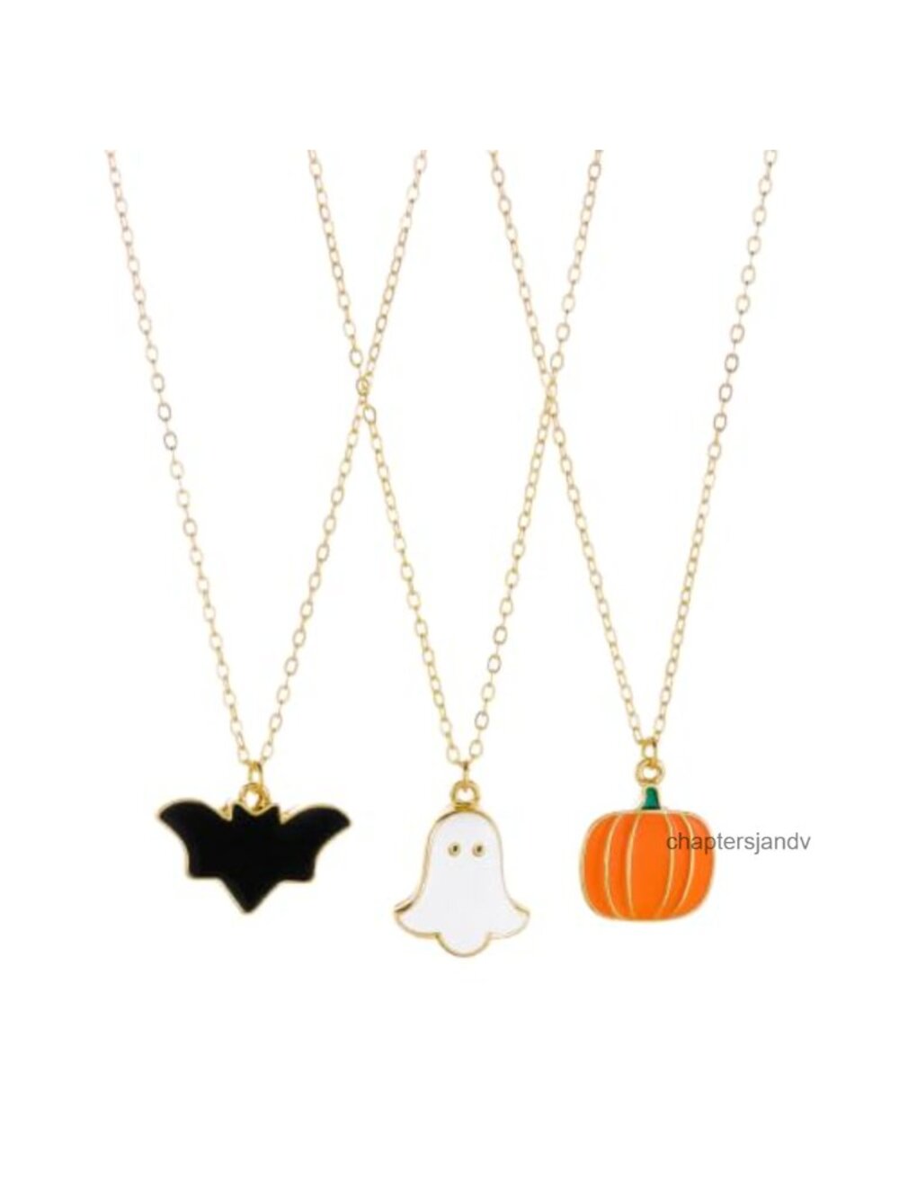 Halloween Necklaces Set 3pc Ghost Bat Pumpkin Pendant Enamel Gold Plated Chain